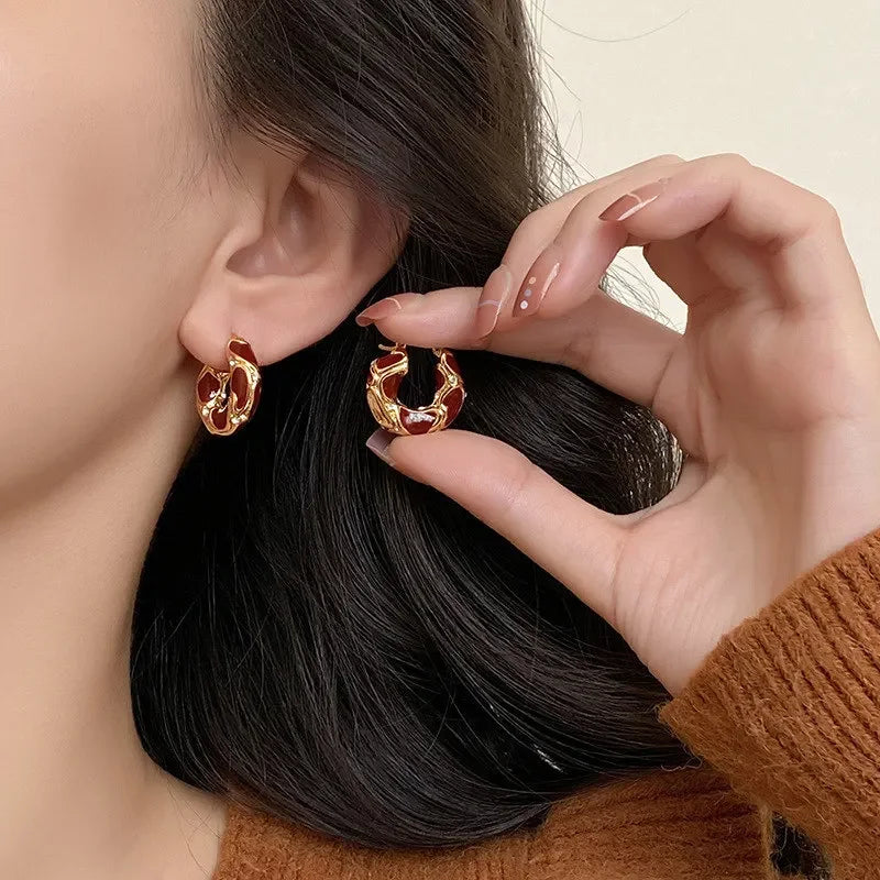 “New Vintage Enamel Hoop Earrings – Gold Plated, Small Statement Design for Women”