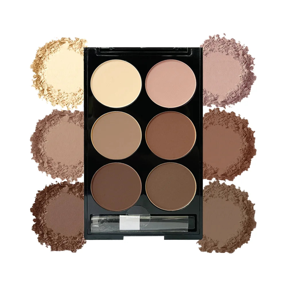 “6-color contour palette: face sculpting, highlight, bronzer with brush.”