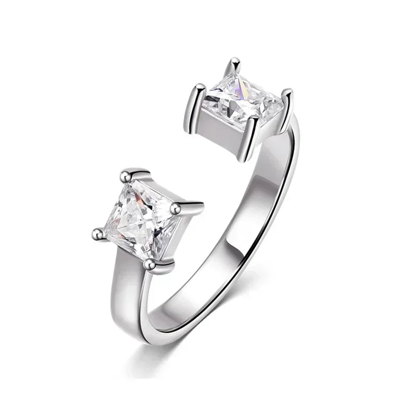 “1CTTW 4.5mm Princess-Cut Moissanite Ring, Adjustable Sterling Silver Wedding Band.”
