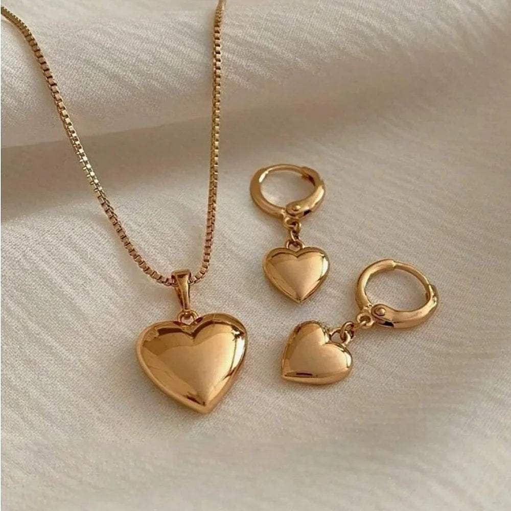 “Glossy Gold-Plated Love Heart Earrings & Necklace Set - Simple Dainty Jewelry for Women.”