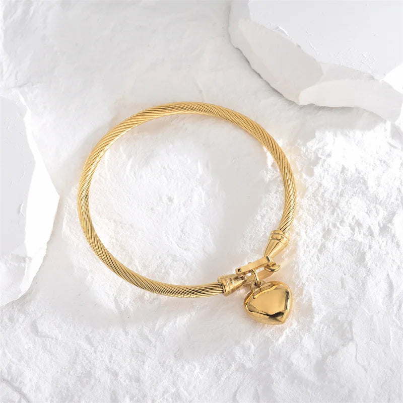 “18k Gold Color Stainless Steel Heart Pendant Charm Bangle Bracelets For Men Women”