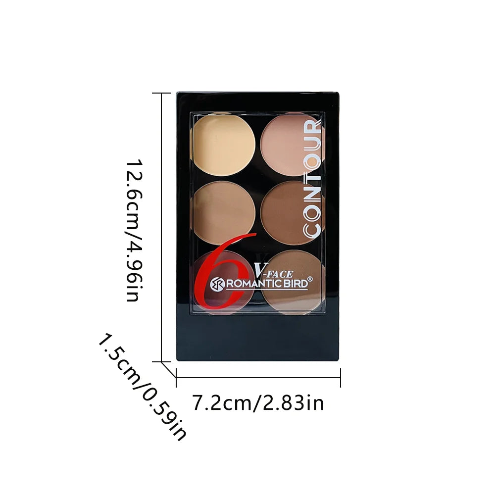 “6-color contour palette: face sculpting, highlight, bronzer with brush.”