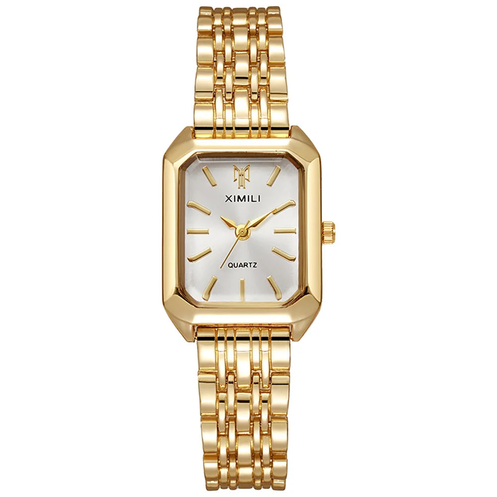 “Luxury Ladies’ Fashion Quartz Watch - Gold-Plated Square Design, Stainless Steel Strap.”