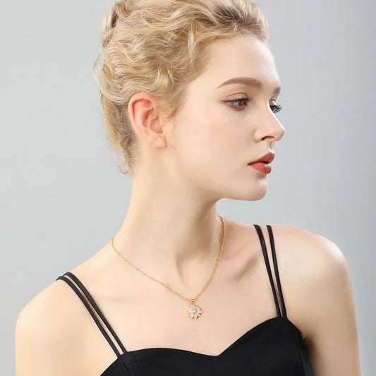 “Trendy Spin Sunflower Stainless Steel Zircon Necklace for Women, Elegant Party Gift.”