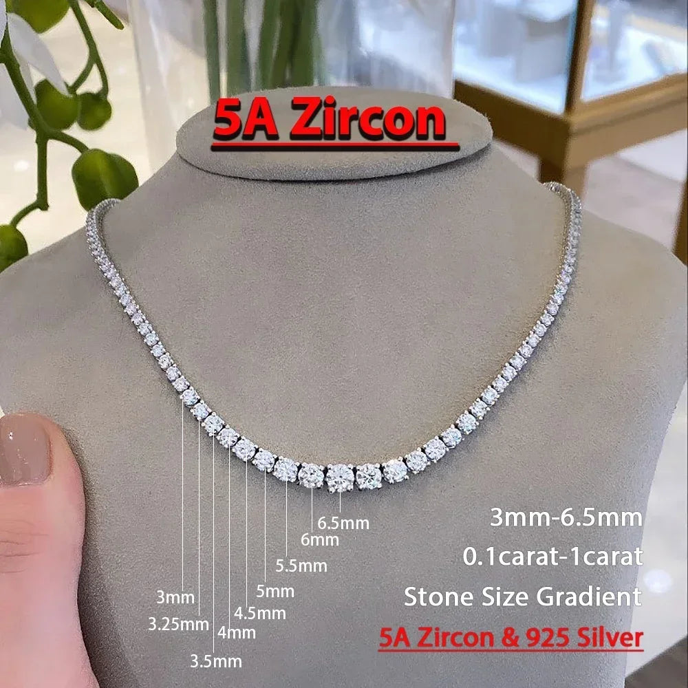 “Moissanite tennis necklace, 3-5mm gradient stones, 925 silver, certified luxury design.”