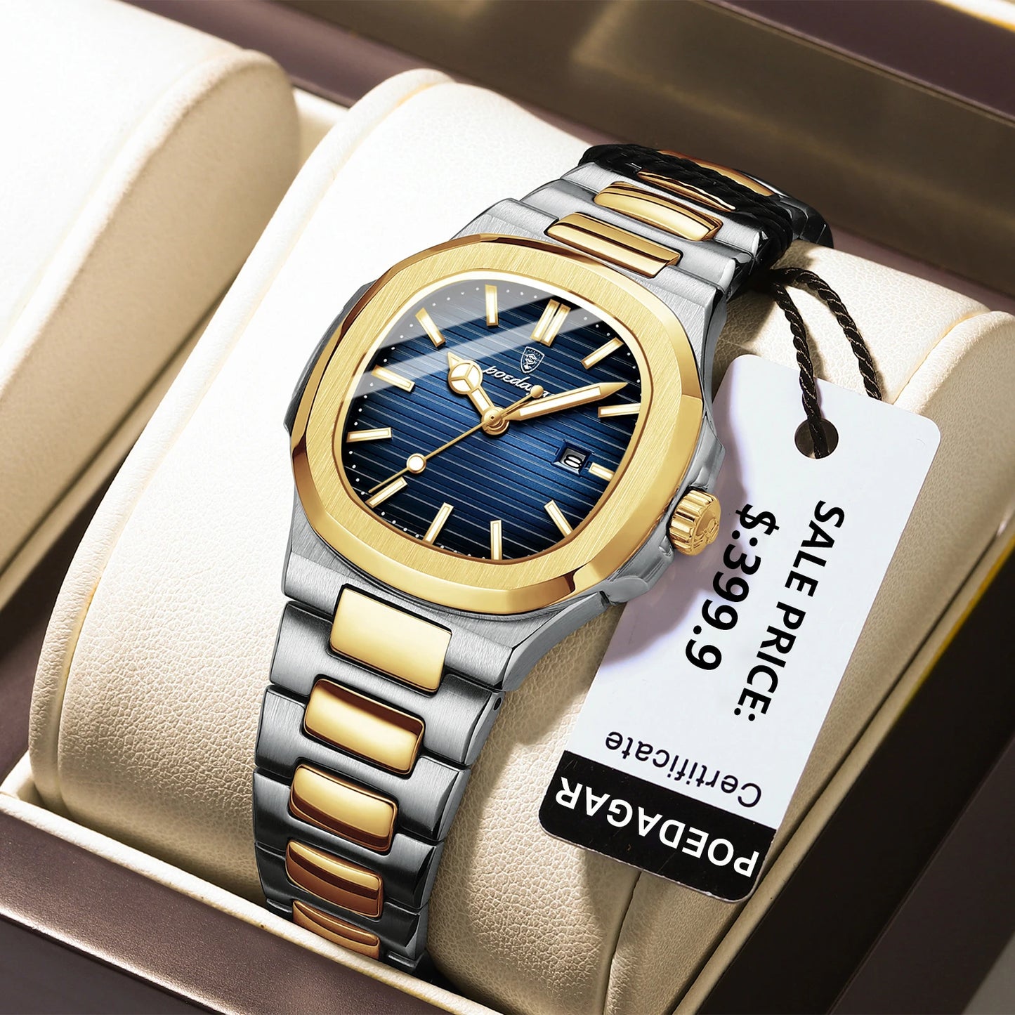 “Luxury waterproof square women’s watch with luminous date, stainless steel, quartz movement.”