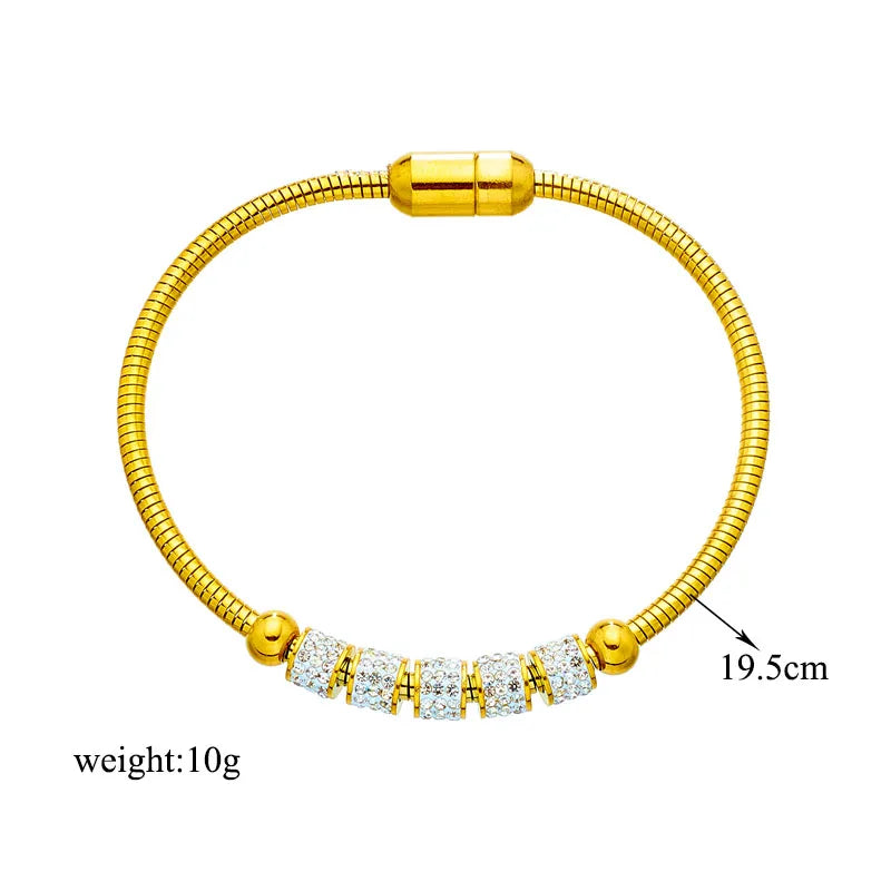 “316L Stainless Steel Gold Rhinestone Beaded Bracelet Women Fashion Magnet Clasp Jewelry”