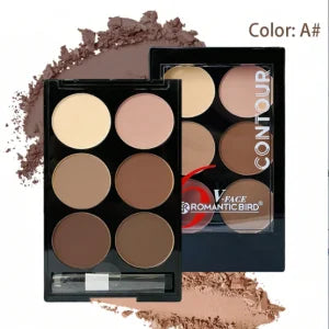 “6-color contour palette: face sculpting, highlight, bronzer with brush.”