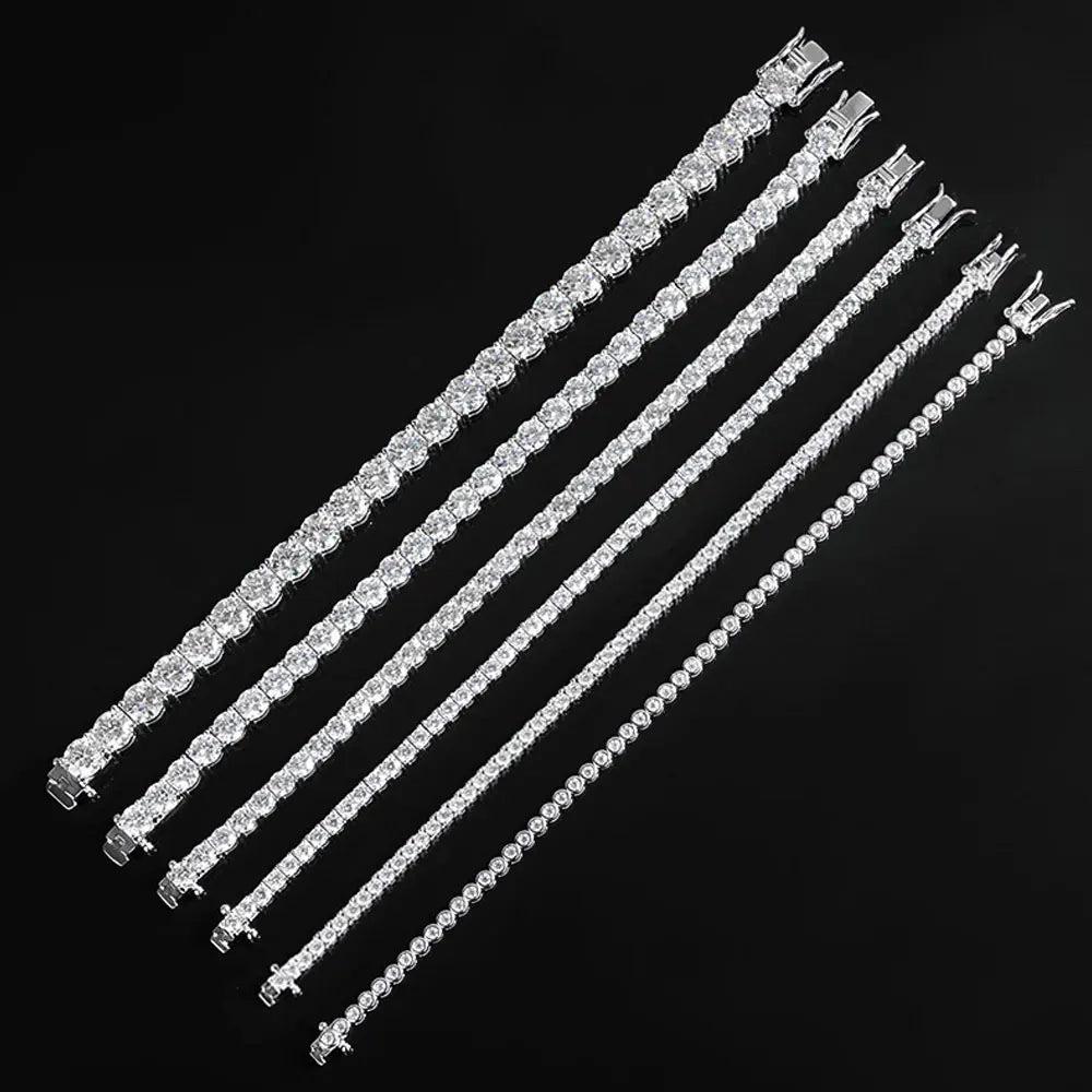 “Moissanite Tennis Bracelet, Sterling Silver, White Gold Plated, Sparkling Party Jewelry.”