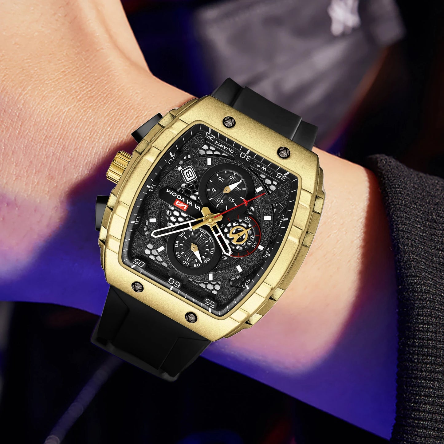 “Men’s multifunctional watch with quartz movement, blue dial, silicone strap, casual fashion.”