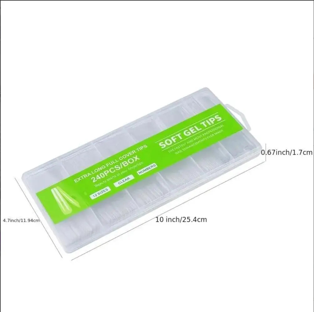 “240Pcs Clear Extra Long C Curve Nail Tips, Acrylic Gel DIY Professional Kit.”