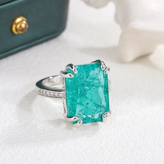 “925 Silver Plated Blue Green Moissanite Ring, Fire Sparkling, Luxury Party Birthday Jewelry.”