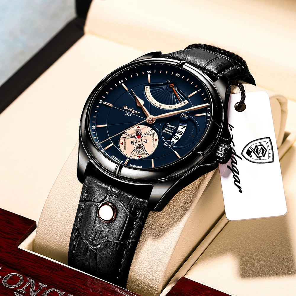 “Luxury Men’s Quartz Watch Waterproof Luminous Date Leather Fashion Wristwatch”