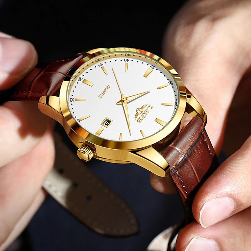 “Brown leather men’s military sports watch, waterproof, casual quartz chronograph.”