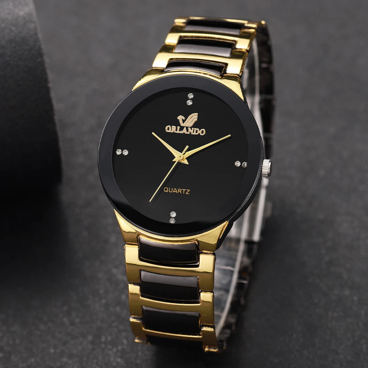 “Stylish men’s quartz watch, black steel band, perfect for business attire.”