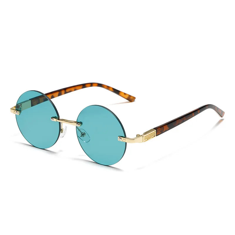 “Classic rimless sunglasses, retro round design, crystal green lenses for outdoor wear.”