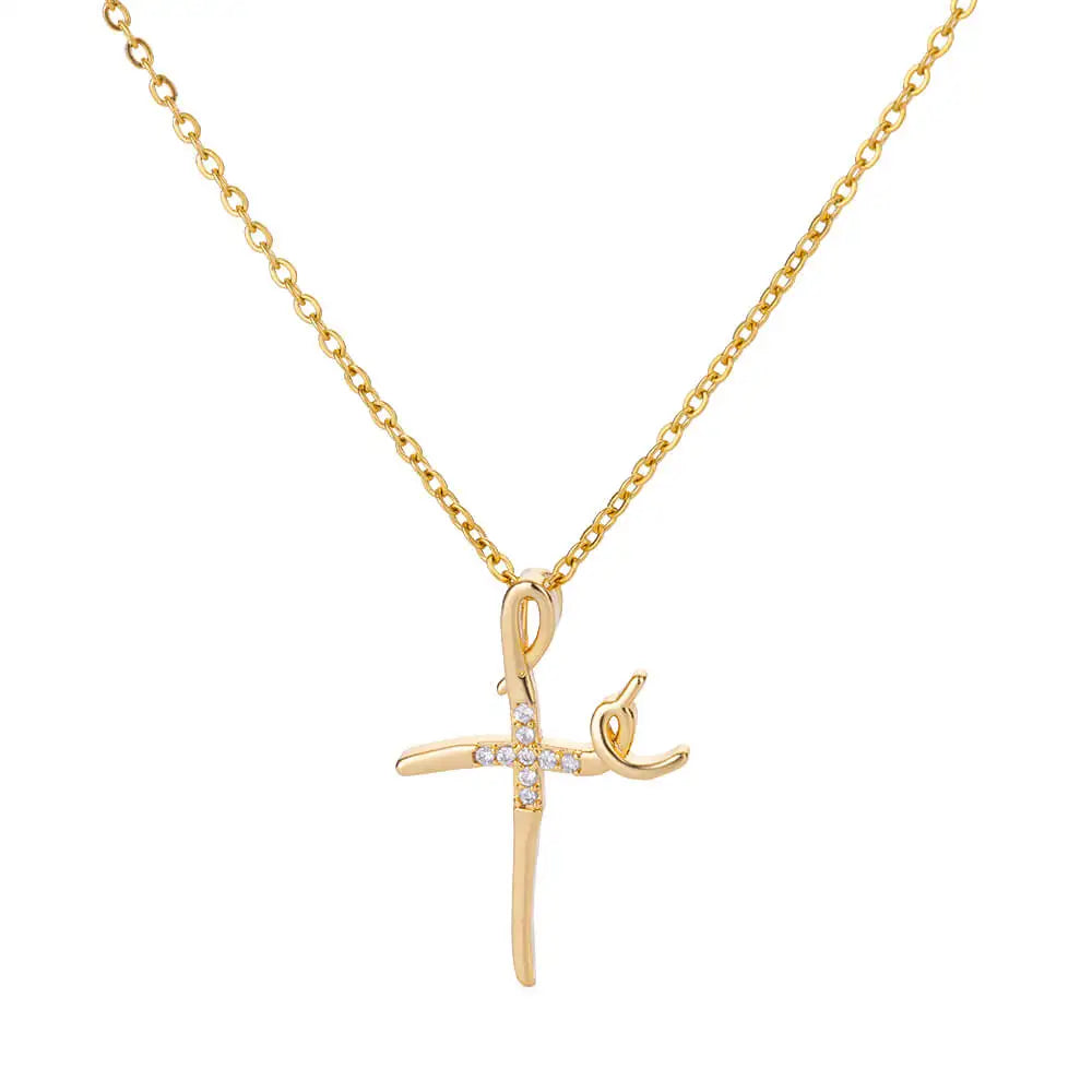 “Zircon Cross Pendant Necklace for Women - Gold Stainless Steel Jewelry.”