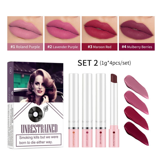 “4 pcs/set Long Lasting Matte Lipstick Set Waterproof Nude Lip Gloss Cosmetics”