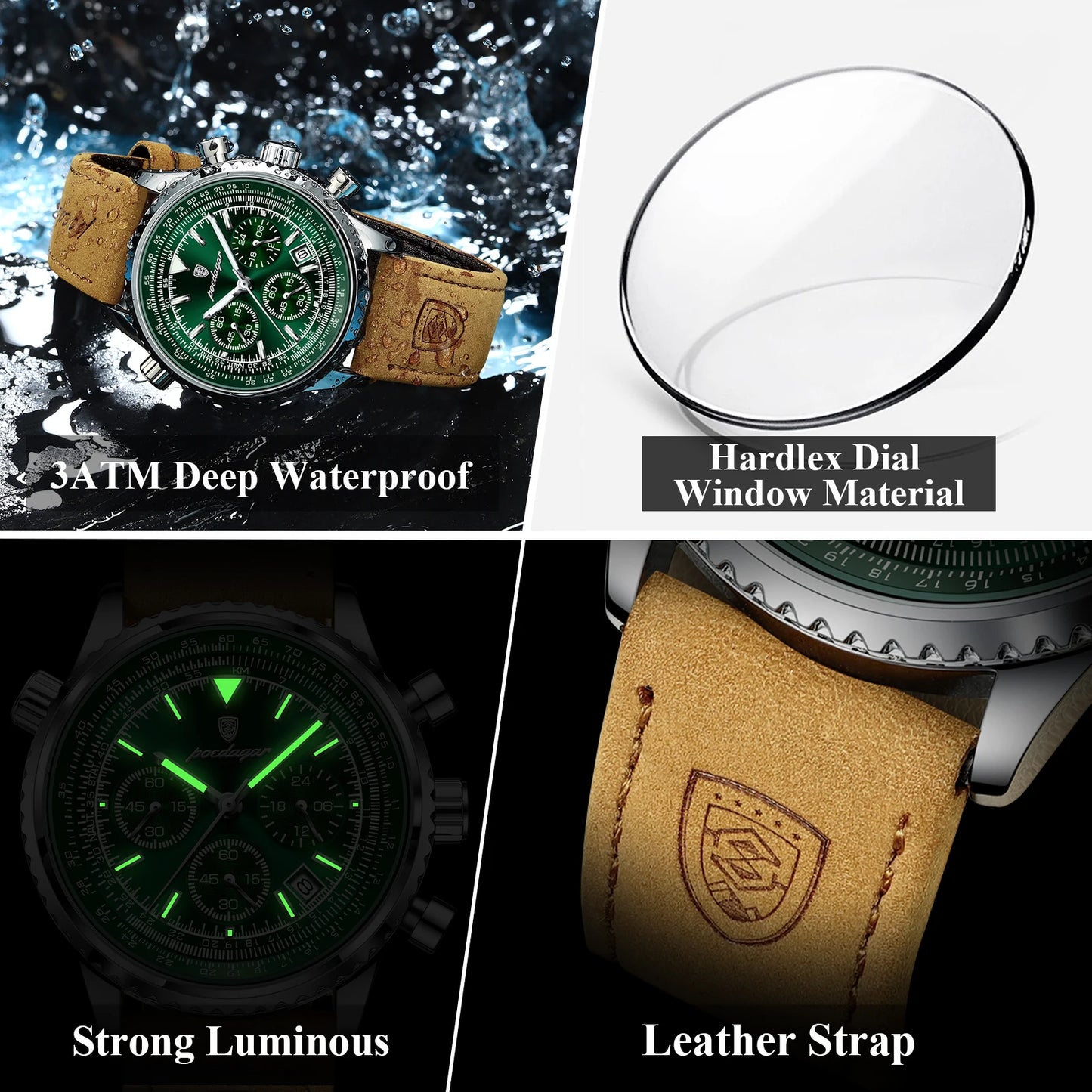 “Luxury waterproof quartz men’s watch with luminous date chronograph.”