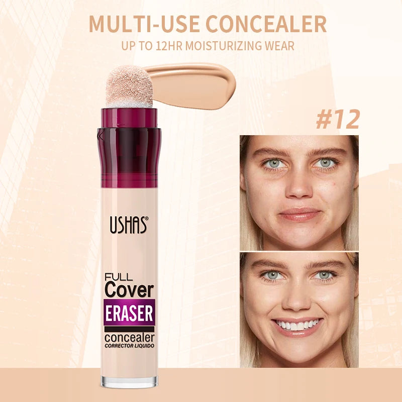 “Liquid concealer with sponge applicator, lightweight, moisturizing, multi-use, and long-lasting coverage.”