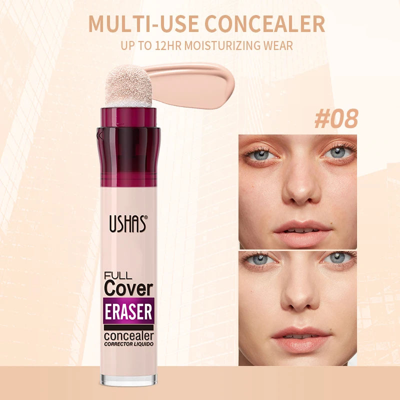 “Liquid concealer with sponge applicator, lightweight, moisturizing, multi-use, and long-lasting coverage.”