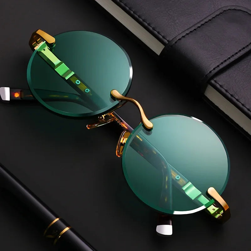 “Classic rimless sunglasses, retro round design, crystal green lenses for outdoor wear.”