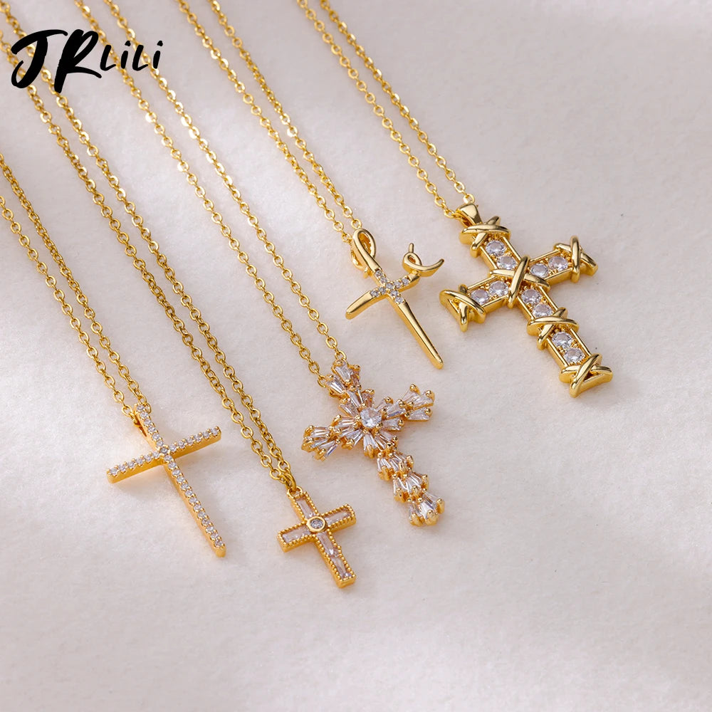 “Zircon Cross Pendant Necklace for Women - Gold Stainless Steel Jewelry.”