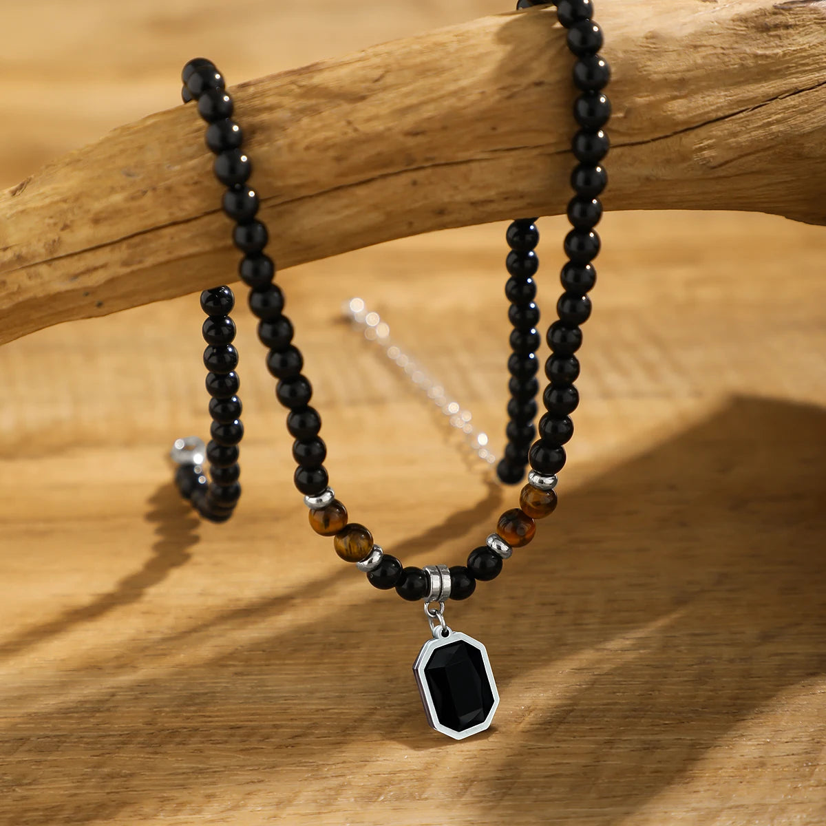 “Black Beads with Square Pendant Necklace for Men - Trendy Fashion Jewelry.”