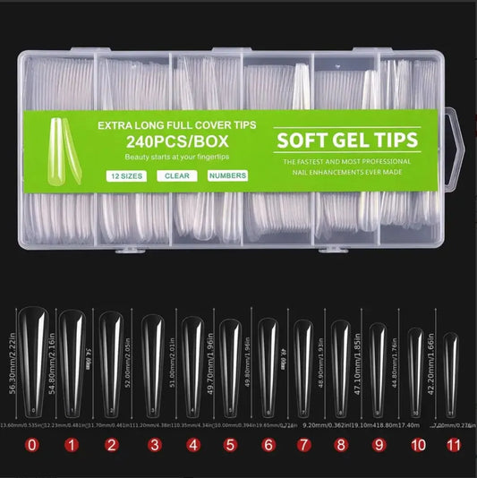 “240Pcs Clear Extra Long C Curve Nail Tips, Acrylic Gel DIY Professional Kit.”