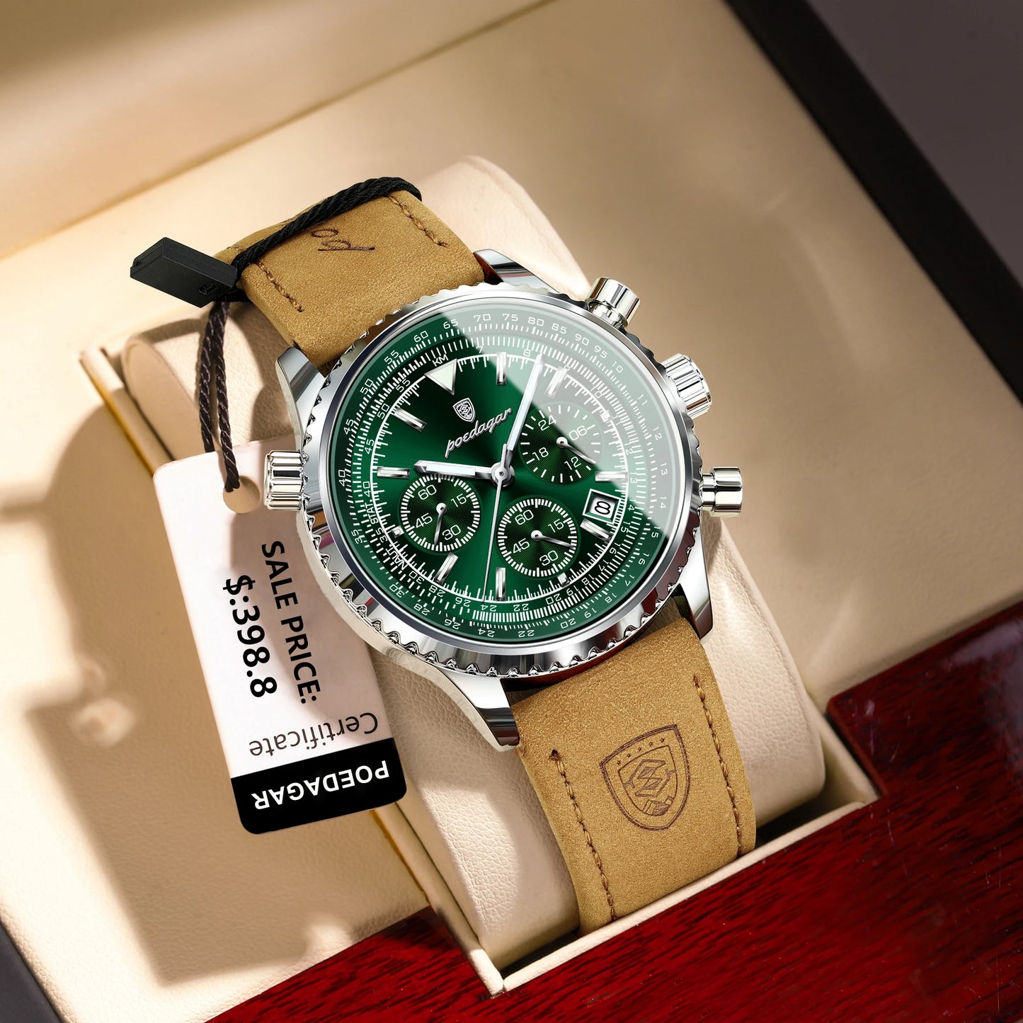 “Luxury waterproof quartz men’s watch with luminous date chronograph.”