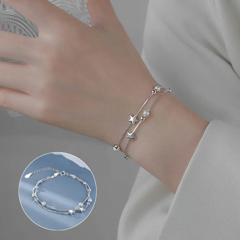 “Luxury 925 sterling silver star beaded double-layer adjustable bracelet for women.”
