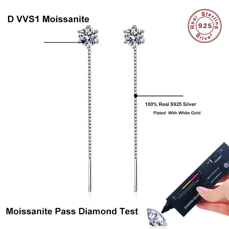 “1CT Moissanite earrings, sterling silver, white gold plated, elegant drop design.”