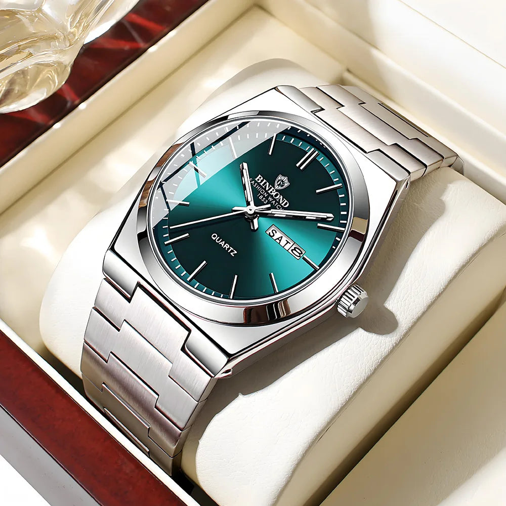 “Luxury stainless steel men’s watch, waterproof, double calendar, quartz movement.”