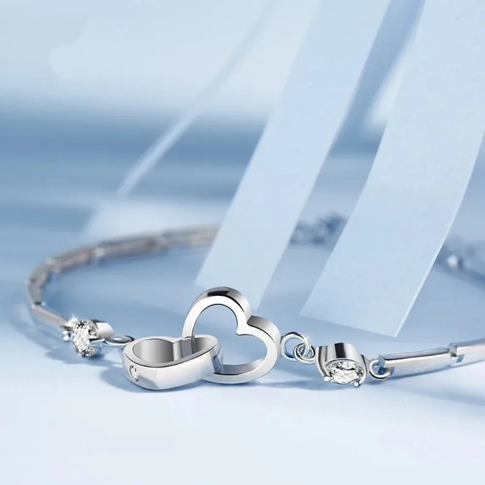 “925 sterling silver double heart bracelet, cubic zirconia, perfect Valentine’s gift.”