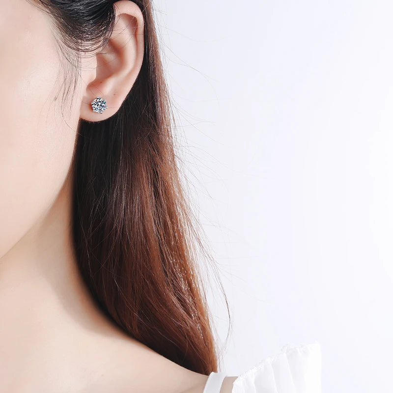 “925 Sterling Silver Six-Claw Moissanite Earrings, Elegant Design, Authentic Jewelry.”