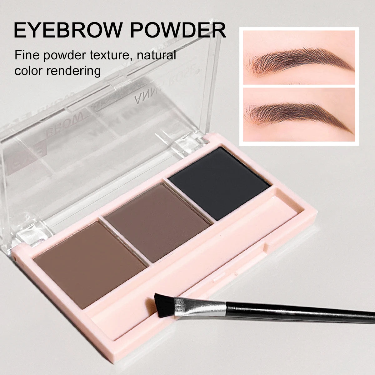 “Three-color waterproof eyebrow powder, natural, long-lasting, sweat-proof, 3D eyebrow shaping.”