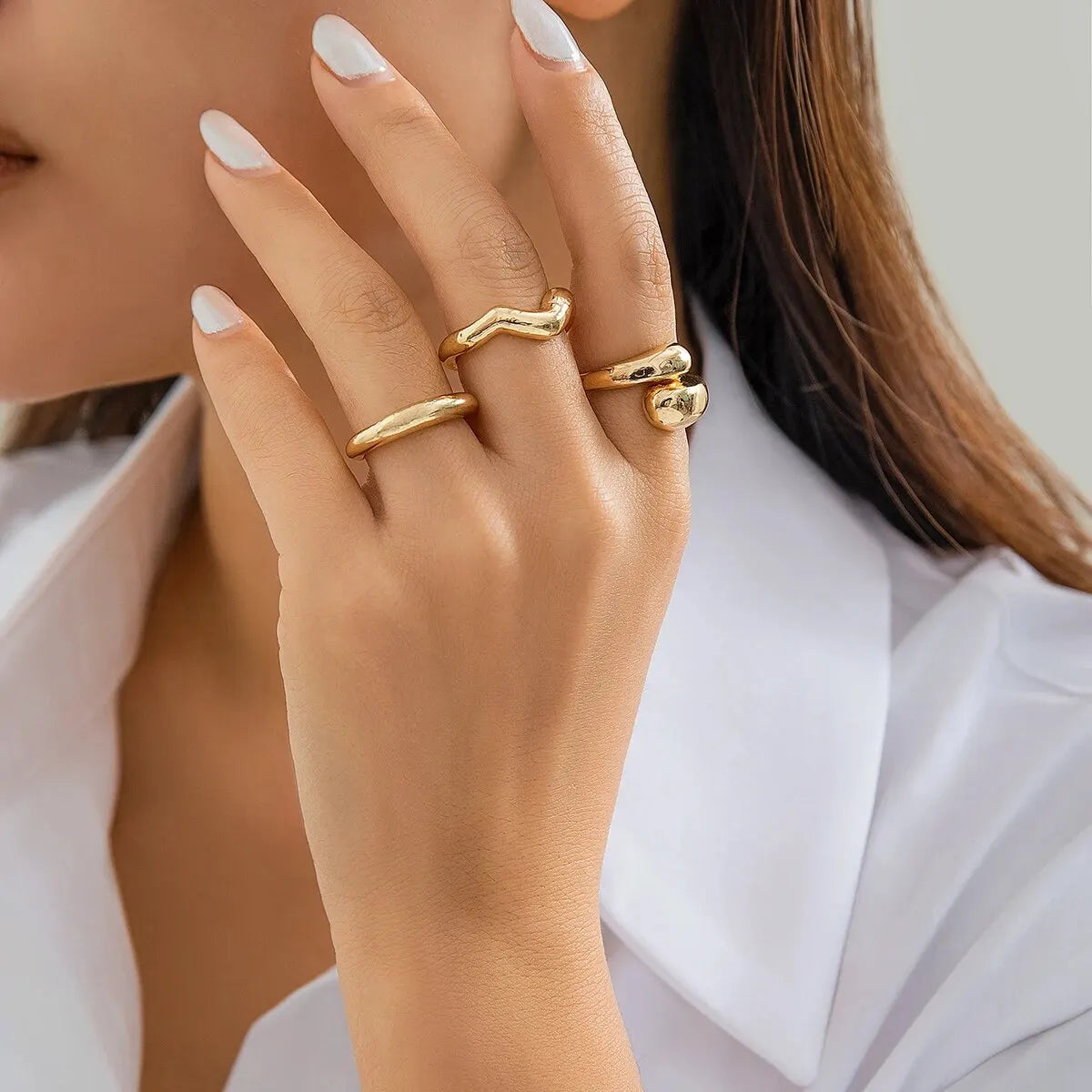 “3Pcs Geometric Wave Shaped Ring Set – Trendy, Irregular, Adjustable Open Rings for Women”
