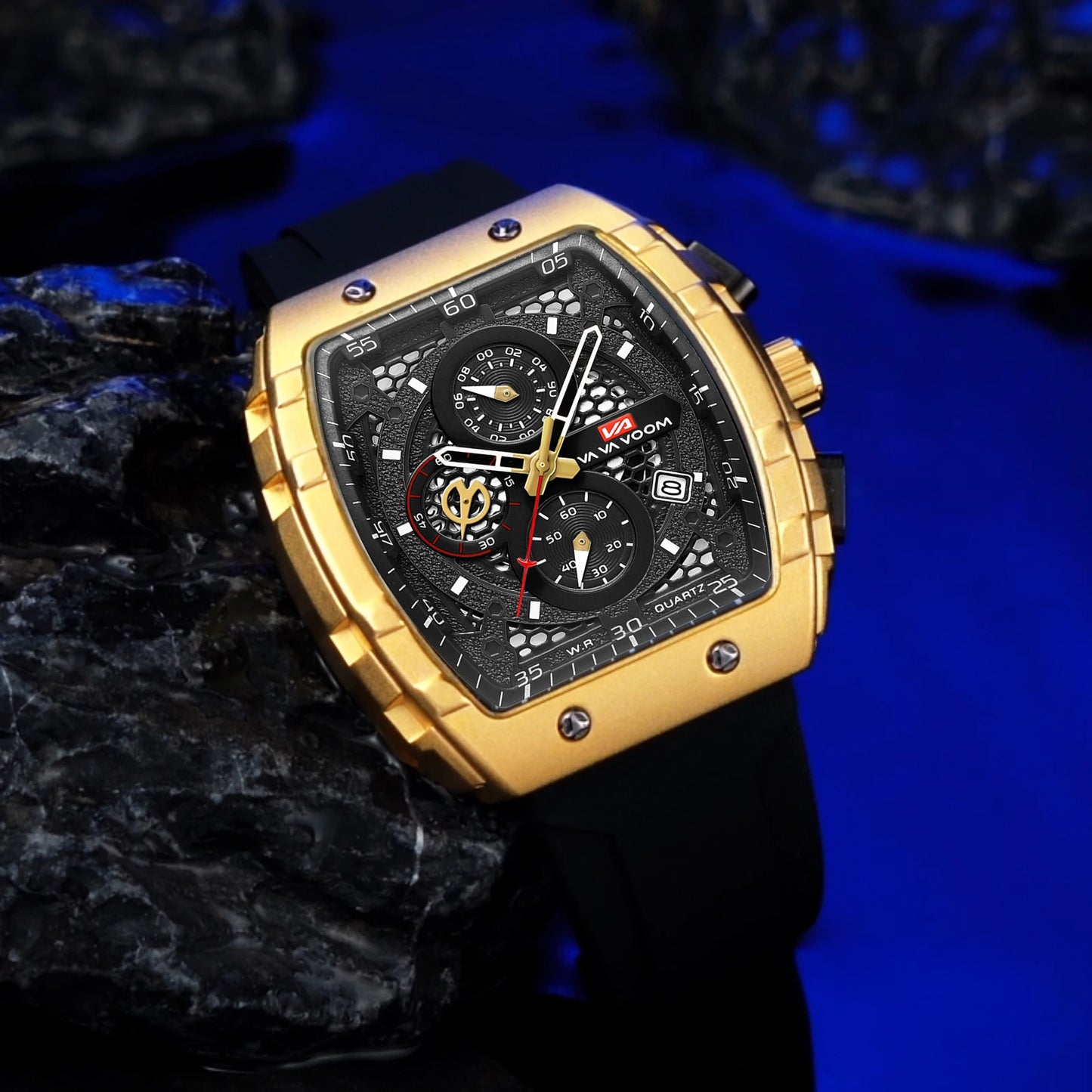“Men’s multifunctional watch with quartz movement, blue dial, silicone strap, casual fashion.”