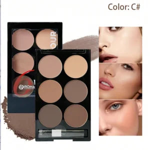 “6-color contour palette: face sculpting, highlight, bronzer with brush.”