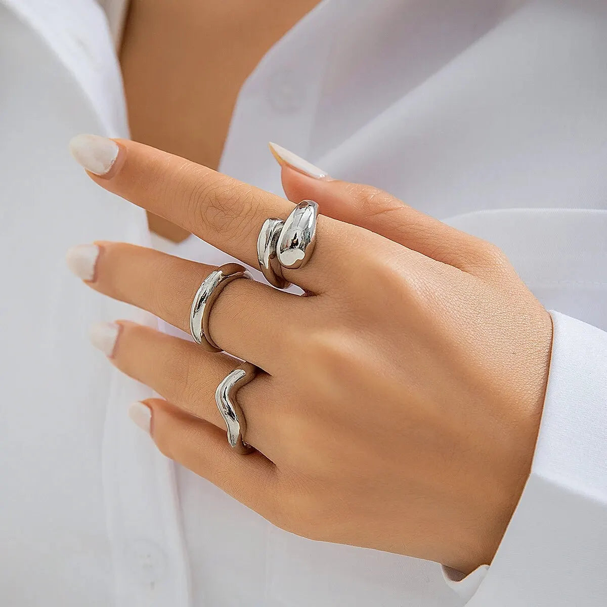“3Pcs Geometric Wave Shaped Ring Set – Trendy, Irregular, Adjustable Open Rings for Women”