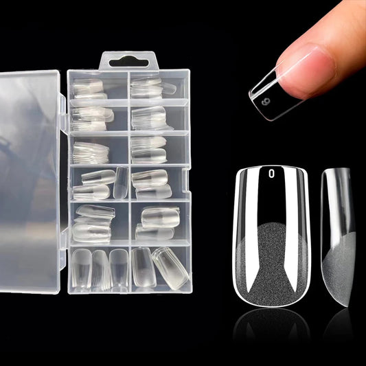 “120Pcs Clear Square Nail Tips, Full-Cover False Nails for Extensions.”
