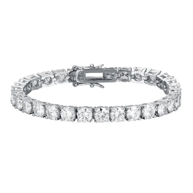 “Moissanite Tennis Bracelet, Sterling Silver, White Gold Plated, Sparkling Party Jewelry.”