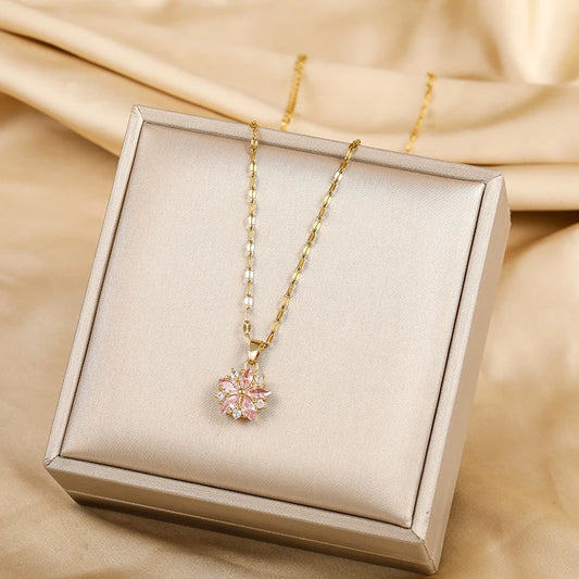 “Romantic Pink Sakura Pendant Necklace, Stainless Steel Clavicle Chain Jewelry”