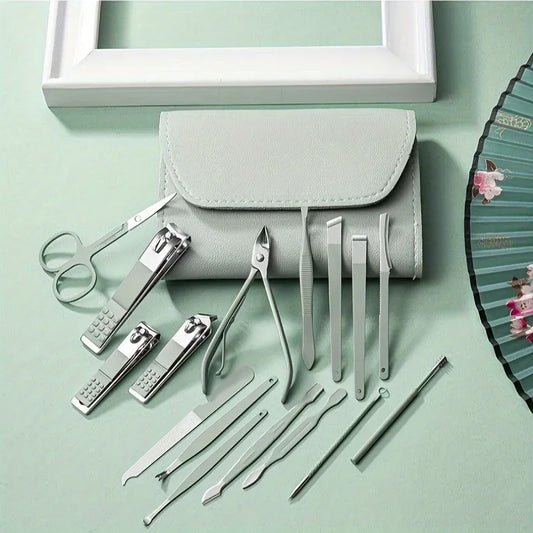 “16-piece professional manicure set with nail clippers, cuticle nippers, and travel case.” - Dazzory