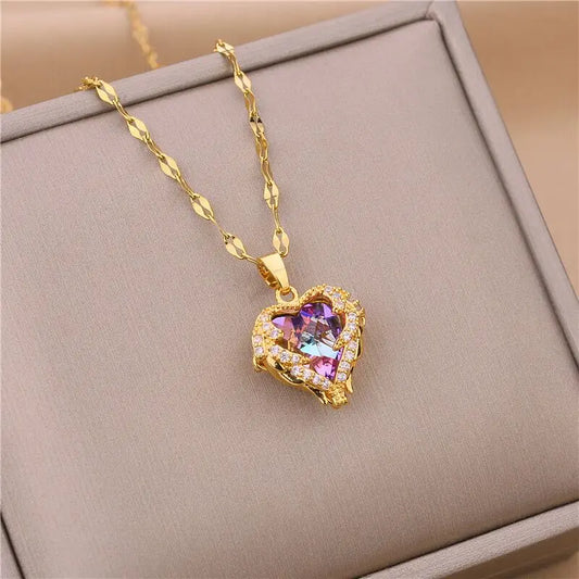 “Top Luxury Colorful Crystal Ocean Heart Pendant Necklace - 316L Stainless Steel Jewelry.” - Dazzory