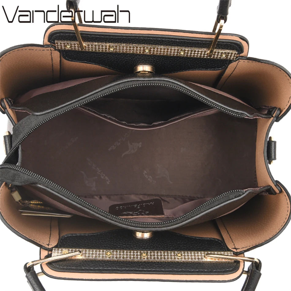 “Luxury women’s designer leather handbag, 3 layers, large capacity, shoulder crossbody tote.”