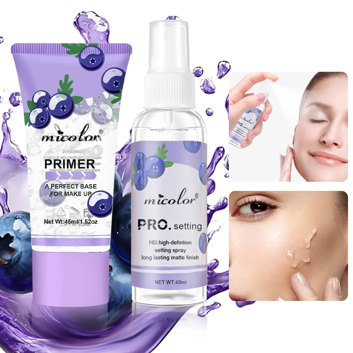 “Complete Makeup Set: Primer & Setting Spray, Invisible Pores, Long-lasting, Flawless Finish.”