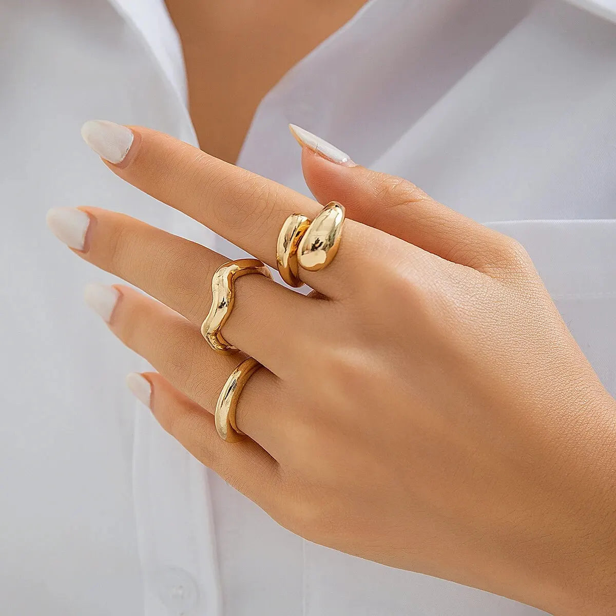 “3Pcs Geometric Wave Shaped Ring Set – Trendy, Irregular, Adjustable Open Rings for Women”