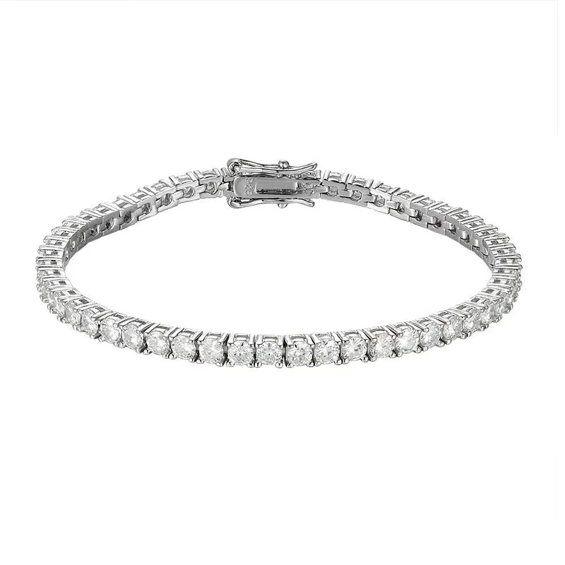 “Moissanite Tennis Bracelet, Sterling Silver, White Gold Plated, Sparkling Party Jewelry.”