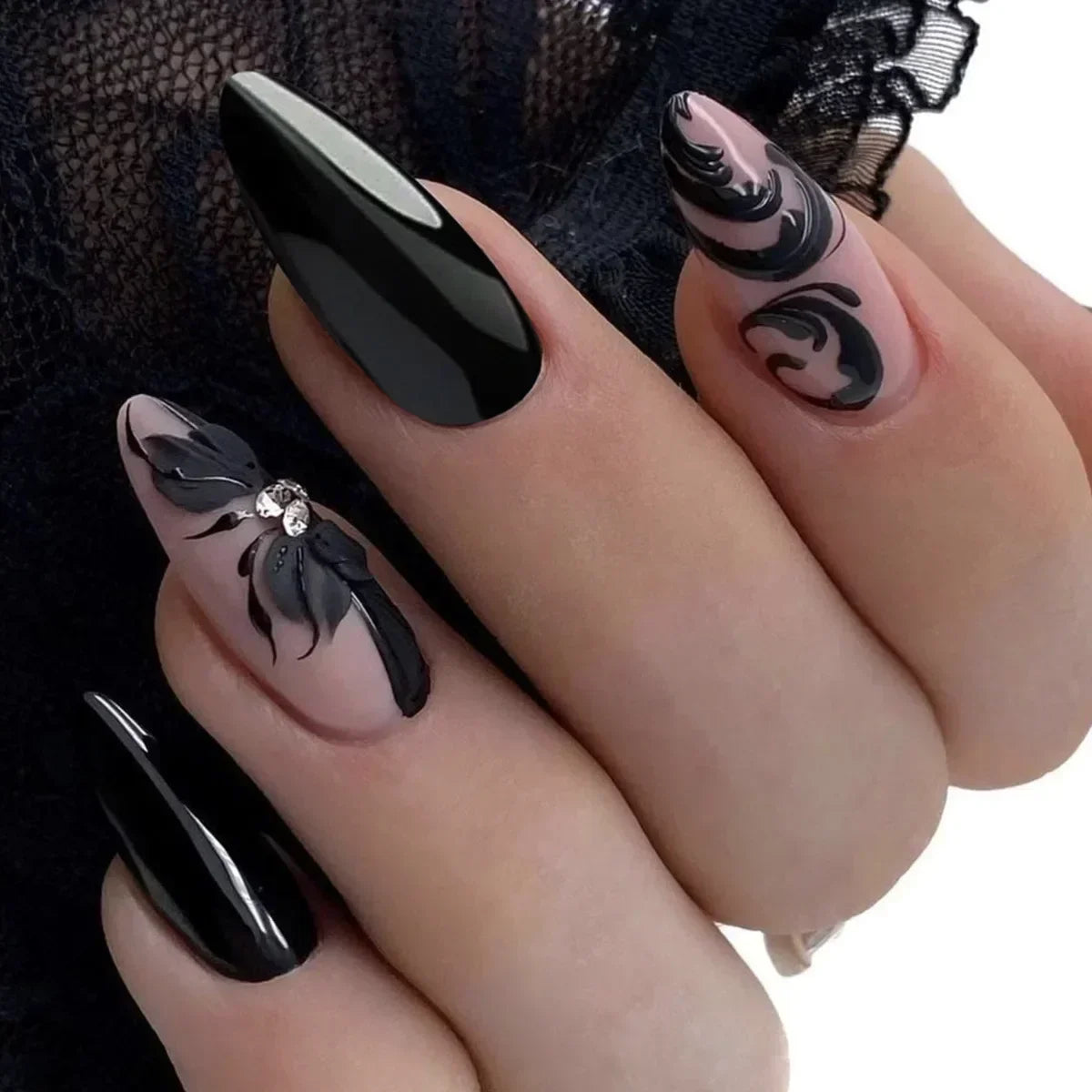 “24Pcs Matte Almond Press-On Nails – Autumn Winter Rose Leaf Design, Full Cover with Glue”